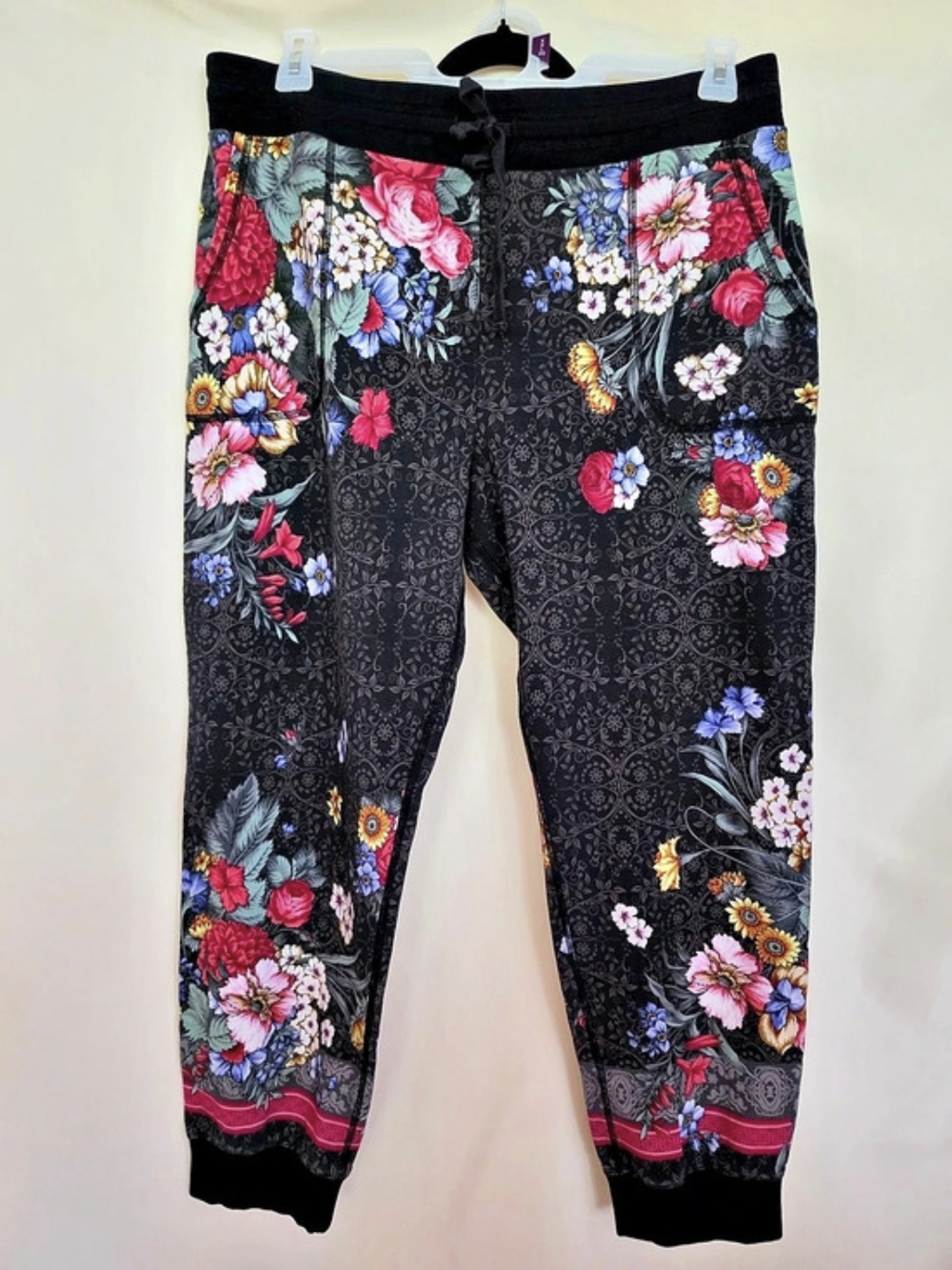 Johnny Was Los Angeles Black Floral & Scroll Print Joggers/Sweatpants - XL